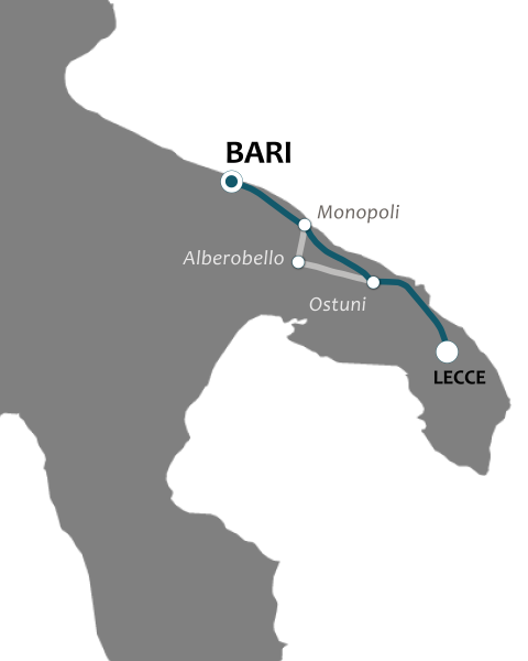 Kort - Togrejse Puglia - Fra Bari til Lecce Kort - Togrejse Puglia - Fra Bari til Lecce
