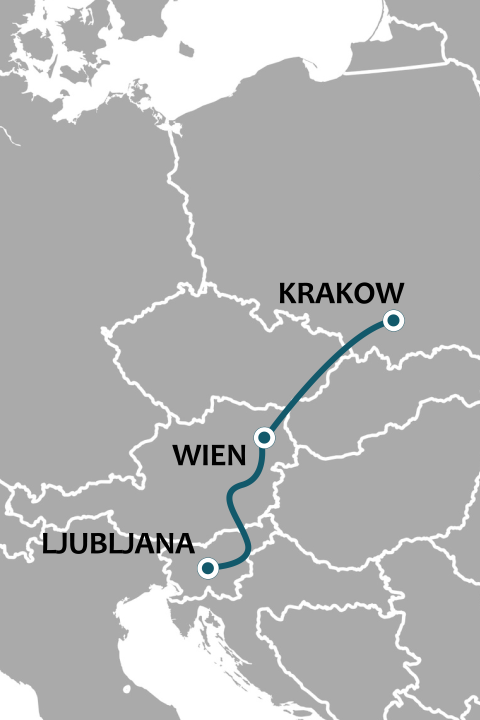 Kort - Togrejse fra Krakow til Ljubljana