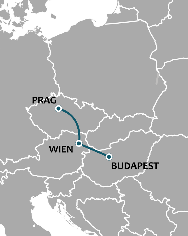 Kort - Togrejse: Prag - Wien - Budapest